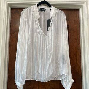 The Kooples Semi Sheer Striped Tunic Blouse Ivory Sz L NWT two small pen dots
